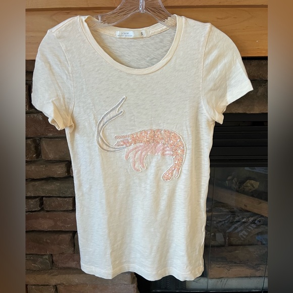 J Crew Rare Collector Tee Crystal Sequin Shrimp, Cotton, Ivory Size Small - Picture 1 of 4